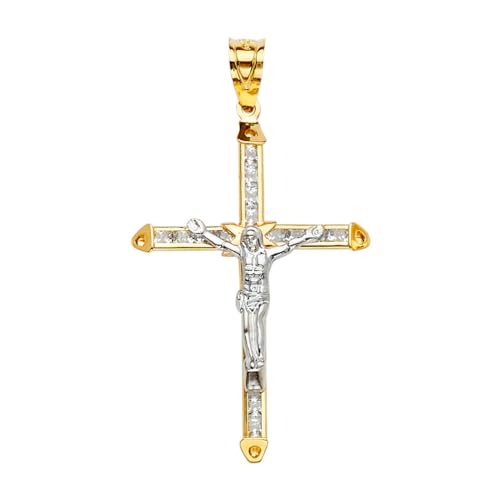 Collar con colgante de cruz de oro blanco y oro amarillo de 14 quilates con circonita cúbica de imitación de diamante de imitación de crucifijo religioso, 27 x 51 mm, joyería de regalo para mujer,