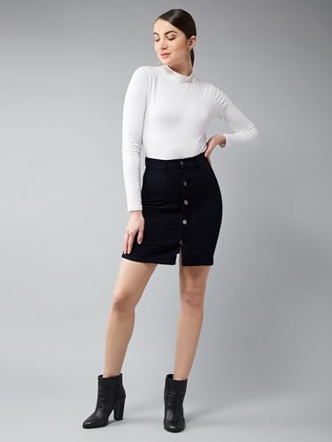 Image of Dolce Crudo Women's Black Stretchable Solid A-line Mini Denim Skirt