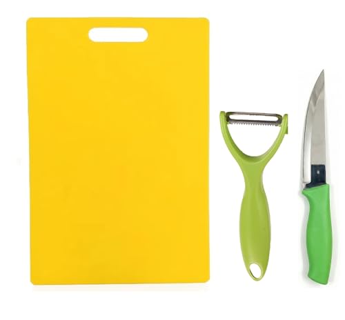 Image of Freshome Plastic Extra Large (39 x 26 cm) Chopping Cutting Board for Kitchen (3 PC Set) Vegetables, Fruits & Cheese, with Knife and Vegetable Peeler BPA Free, Assorted Colours, (Extra Large)
