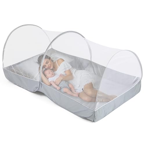Pop Up Mosquito Net for Bed - Portable Mosquito Tent with Dense Mesh - Bed Tent with Easy Fold Durable Mesh for Camping, Travel, Bunk Beds and Home Protection (White Gery)