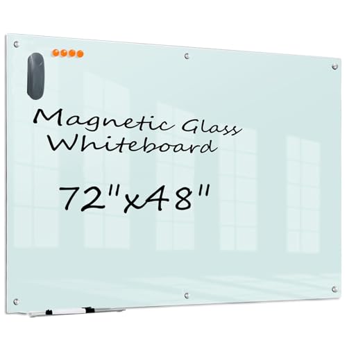 KIZZBY Pizarra blanca de cristal de borrado en seco, pizarras magnéticas para pared, pizarra blanca grande sin marco de 72 x 48 pulgadas, para oficina, hogar y escuela