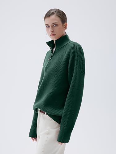 Image of SUUKSESS Women Cashmere Blend Oversized Quarter Zip Pullover Sweater Long Sleeve Collared Ribbed Knit Jumper Tops