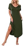PrinStory Womens Long Nightgowns V Neck Loungewear Short Sleeve Sleepwear Casual Nightdress Army Gre