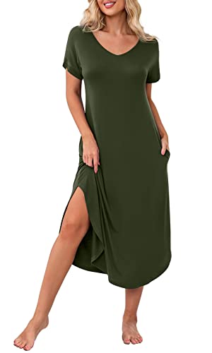 Prinstory Womens Long Nightgowns V Neck Loungewear Short Sleeve Sleepwear Casual Nightdress Army Green-Small #TOP20
