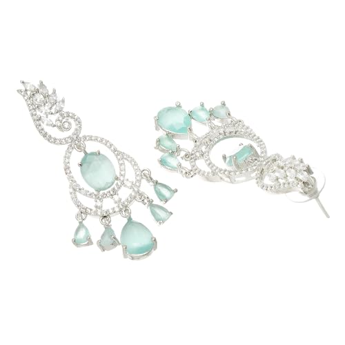 Image of ZENEME Rhodium-Plated American Diamond Studded Oval & Leaf Shaped Drop Earrings For Girls and Women