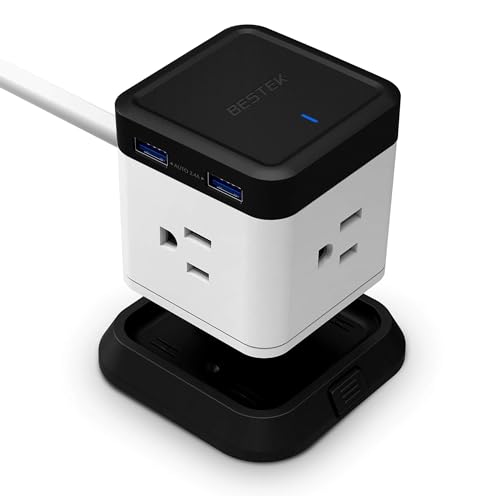 BESTEK Power Strip with USB, Multiple Plug with 3 Outlets 4 USB, 5 ft Extension Cord,Flat Plug Surge Protector Tower,Power Delivery Charging for Dorm Rooms,Home,Office Charging Station black