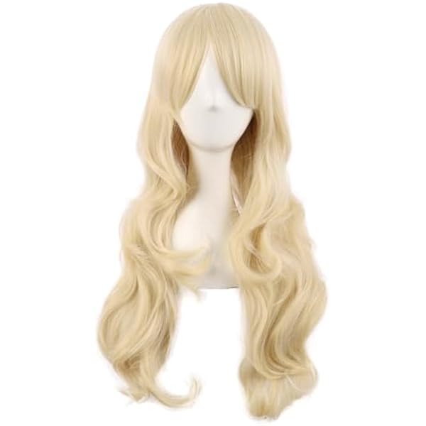 MapofBeauty 28 cali/70 cm Monochrom Wysoka temperatura włókna boczne grzywka długa fala kręcone włosy Cosplay peruki (zmieszane złoto)