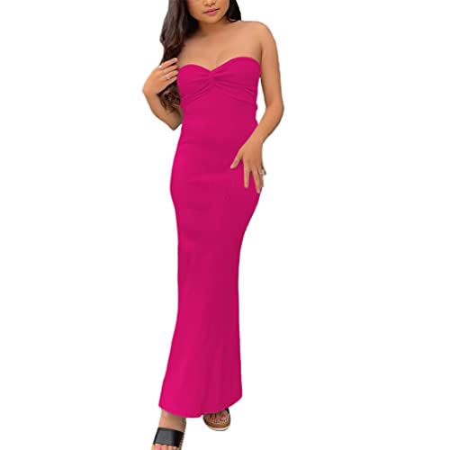 WFHFNJW Women Sexy Twist Knot Front Ribbed Knit Bodycon Bandeau Tube Dress Casual Solid Strapless Maxi Long Dress(L US Women,Rose)