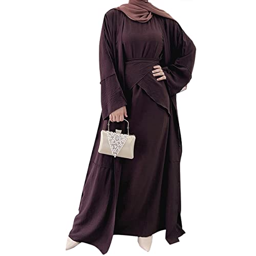 Vestido musulmán Abaya de tres piezas para mujer, vestido de oración islámica, vestido maxi con vuelo y frente abierto, Marrón oscuro, M