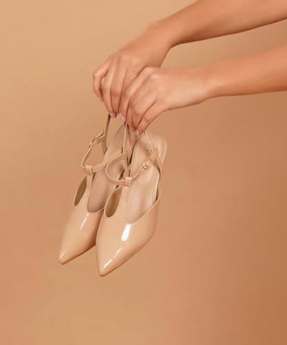Image of JM LOOKS Minimalist T-Strap Kitten Heels with Sleek Pointed Toe and Adjustable Ankle Fastening Strap
