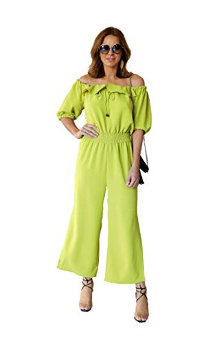 Macacão ombro a ombro pantalona em crepe com mangas bufantes e fenda amarelo Donna Brasiliana (Amare