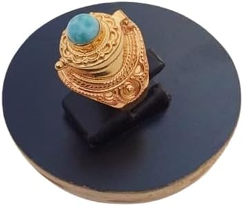 Natural Larimar Ring, Oval Stone Ring, Gold Plated Box Ring, Openable Ring, Vintage Box Ring, Poison Ring, Perfume Box ring, Handmade Poison Ring, Larimar Jewelry, Halloween Gifts