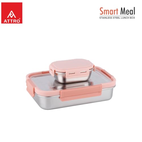 Image of ATTRO Smart Meal Medium Stainless Steel Lunch Box with 1 Small Container Airtight Spill-Proof BPA Free Food Grade Ideal for Office, School, Picnic- Peach-800ml+170ml