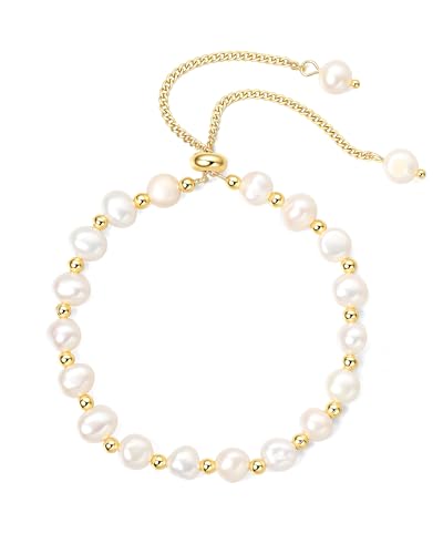18K Gold Plated Pearl Bracelet Baroque Culture Gold Charm Bracelets for Women Adjustable Fashion Charm Dainty Handmade Jewelry Gifts for Women Wife Mom Friends (Gold)