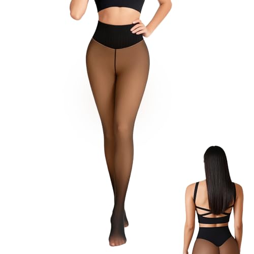 nnOuOnn One-Seam Translucent Fleece Lined Tights New Compression Band Model Thermal Tight For Women Magic Bare-Leg Fleece Leggings High Waisted With Tummy Control & Butt Lifting Design (M Tan)