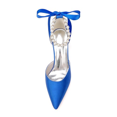 Women's Pointed Toe Block Heels High Hells Ankle Strap Pearls Chunky Satin Bridal Shoes Evening Dress Pumps4