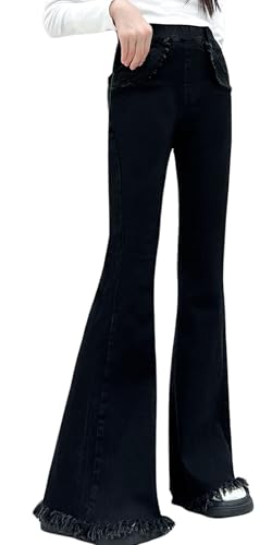 SEAUR Girls Flared Denim Jeans Kids Elastic High Waist Washed Bell Bottoms Pants Baggy Trousers