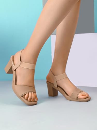 Image of XE Looks Women's Trendy Block Heels | Open-Toe Sandals with Elastic Support | Anti-Skid Sole & Cushioned Footbed Block Heels For Girls & Women