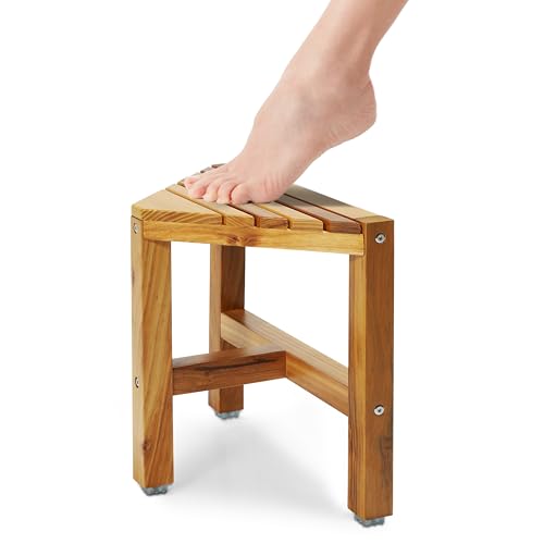 TeakAura Teak Shower Stool, Teak Shower Bench, 12'' Shower Foot Rest for Shaving Legs, Waterproof Corner Shower Bench, Organizer Stool, Corner Seat for Bathroom Livingroom