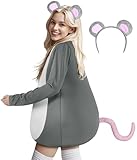 UQJE Adult Mouse Costume for Women Halloween Cuddly Rat Costume with Mouse Ears Headband