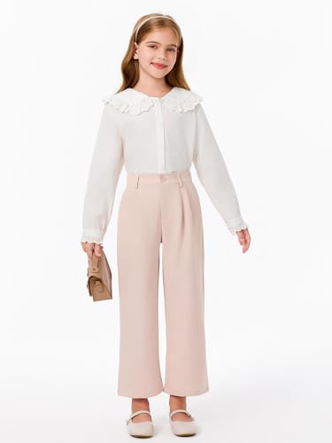 Image of Haloumoning Girls Uniform Pants Kids High Waisted Wide Leg Dress Pants Casual Trousers with Pockets 5-14 Years
