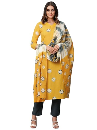 Image of GoSriKi Women's Cotton Blend Straight Printed Kurta with Pant & Dupatta