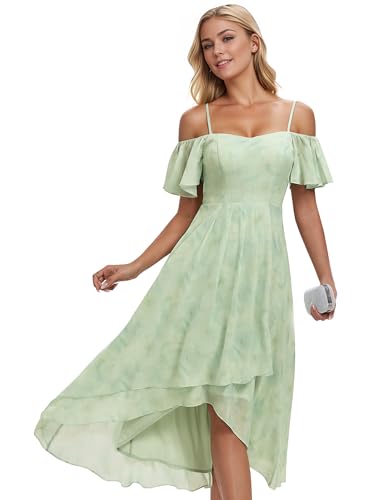 Image of Ever-Pretty Women's Summer Cold Shoulder Hi-Lo Asymmetrical Hem Flowy Chiffon Short Wedding Guest Dress 02103