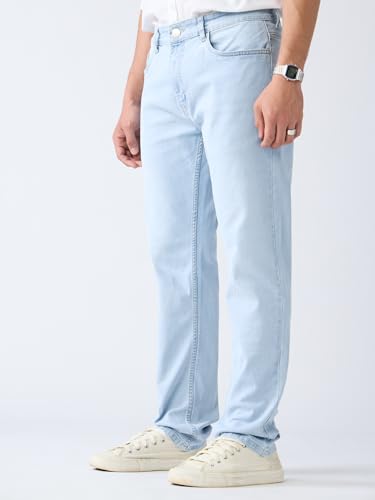 Image of The Souled Store Slim-Fit Denim: Frost Blue Men and Boys Buttoned Solid Cotton Slim Fit Jeans