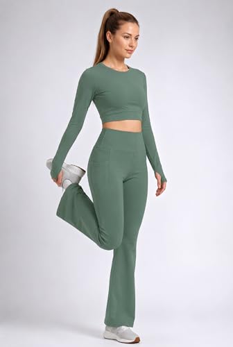 Image of PINAAK FASHION Women's Yoga Co-Ord Set | Full Sleeve Crop Top & Flared High Waist Yoga Pants with Pocket | Thumb Hole Sleeves | Bell Bottom Gym Wear Activewear Tracksuit for Workout, Running & Lounge