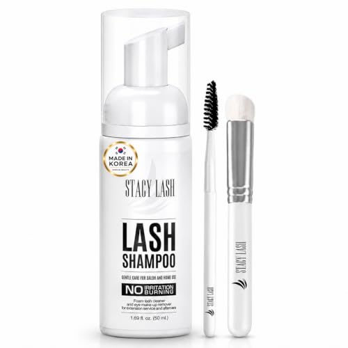 STACY LASH Eyelash Extension Shampoo + Brush / 1.69 fl.oz / 50ml / Korean Makeup Remover/Eyelid Foaming Cleanser/Wash for Extensions & Natural Lashes/Supplies for Professional & Home Use