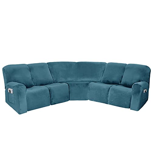 EURHOWING 7-Piece L Shape Sectional Recliner Sofa Covers 4 Seater & 1 Corner Seat,Velvet Stretch Reclining Couch Cover Slipcover for Reclining L Shape 5 Seat Recliner Corner Sofa(Peacock Blue,Velvet)