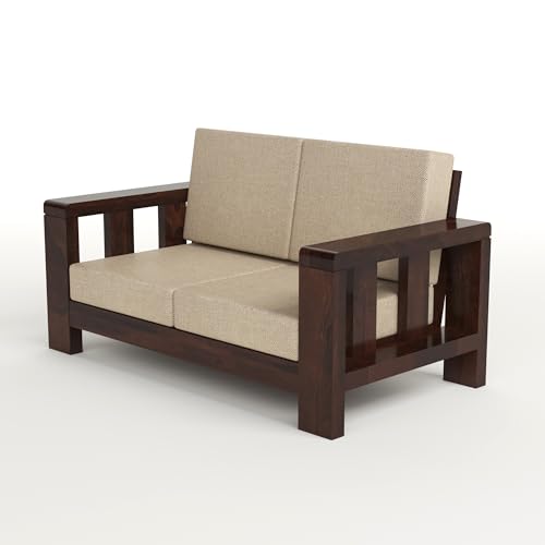 Image of Solid Sheesham Wooden 2 Seater Sofa Set - Two Seater Sofas with Comfortable Cushion | Wooden Sofa 2 Seater for Living Room Home & Office Furniture Decor (Walnut, Haney2 Seater)