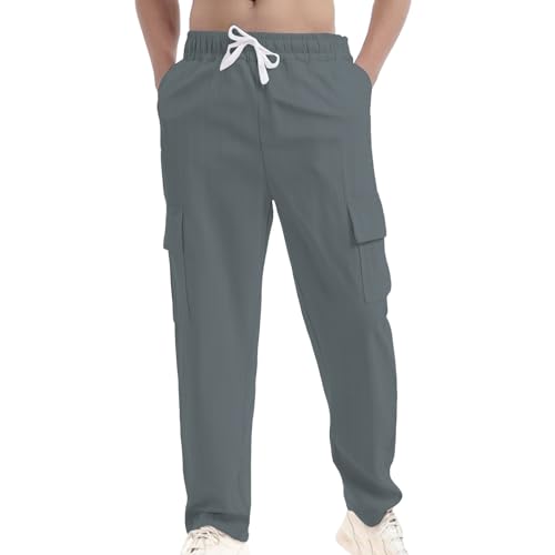 Cotton Linen Cargo Pants for Mens Elastic Waist Drawstring Straight Leg Trousers Casual Baggy Summer Pant with Pocket