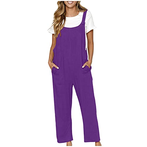 Image of AnnSemo Jumpsuit for Women UK Summer Cotton Linen Dungarees Casual Sleeveless Wide Leg Overalls with Pockets Ladies Botton Adjustable Playsuits Loose Fit Plain Suspender Rompers