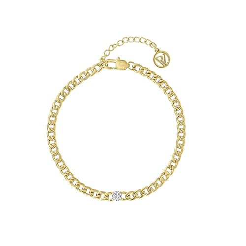 PAUL VALENTINE Brilliant Curb Bracelet Damen, 18K Gold Plated, Edelstahl, 17,5 cm + 3 cm Verlängerung, Zirkonia Stein Weiß, Karabiner-Verschluss, Gold