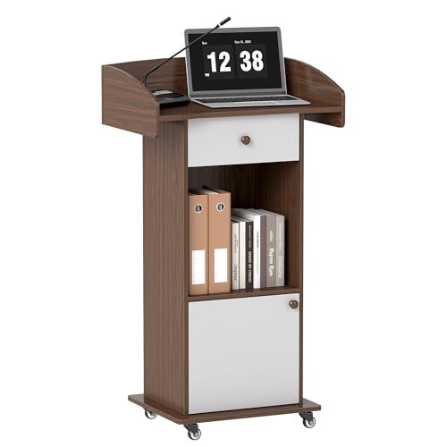 Turosur Portable LecternPodium -Standing Laptop Desk-Wooden Podium Stand with Cabinet (Bronze+White)