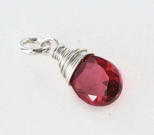 Imitation July Birthstone Pendant Charm for Necklace Bracelet or Earrings - Sterling Silver Wire Wrapped Red Gemstone