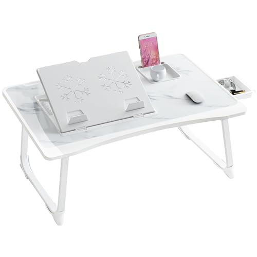 Laptop Desk for Bed, Adjustable Laptops Stand with 6 Different Angles, Portable Lap Tray Table with Storage Drawer and Cup Holder, Laptop Bed Desk Tray for Eating Working Writing Reading (White)