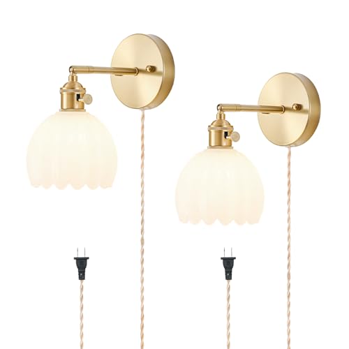 Plug in Wall Sconces Set of 2, Vintage Wall Sconce Light with Tulip Milk White Glass Lampshade...