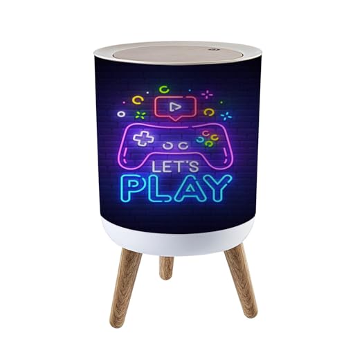 Image of Small Trash Can with Lid Lets Play neon sign bright signboard light banner Game neon emblem Garbage Bin Round Waste Bin Press Cover Dog Proof Wastebasket for Kitchen Bathroom Living Room 1.8 Gallon