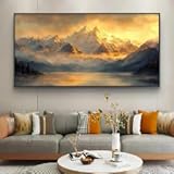 LIMAIDUO Cuadro en lienzo con puesta de sol en la costa y montañas doradas, impresiones grandes de montañas nevadas, paisaje marino oceánico, decoración moderna para el hogar (40 x 80 cm/sin marco)