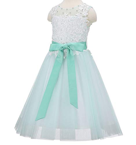 Bow Dream Lace Vintage Flower Girl's Dress Tulle Sleeveless Mint 103