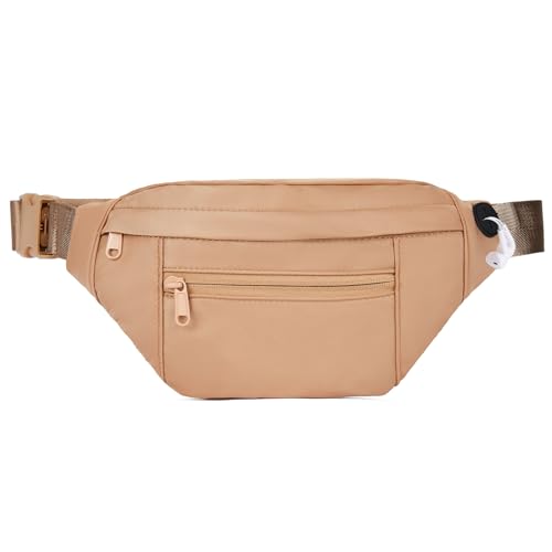 Telena Crossbody Fanny Pack for Women Men Fashion Waist Pack Belt Bag with 4-Zipper Pockets for Hiking Running Travel, Light Brown