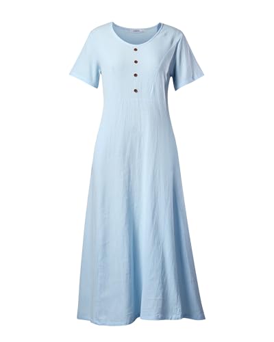 Image of Women's 65% Cotton, 35% Linen Crew Neck Midi Dress, Short Sleeve Dress with Pockets for Summer Daily Wear