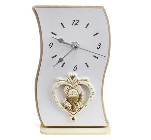 DLM-A627 Bomboniera utile Orologio in legno bianco e panna cm 18x9,5x4 per prima Comunione maschio femmina con Calice uva e spighe di grano portafortuna linea cuore Completo di scatola