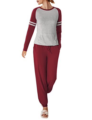 Ekouaer Jogger Sleepwear Set for Women Long Sleeve Pajamas Set Flannel Lounge Two Piece Pj Autumn Outfits Wine Red