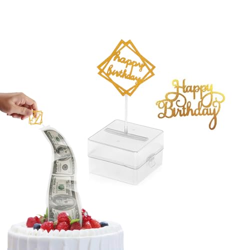 Money Pull Out Kit - Birthday Money Box with 1 Pcs Happy Birthday Cake Topper and 20 Transparent Bag Connected Pockets Cake Decoration