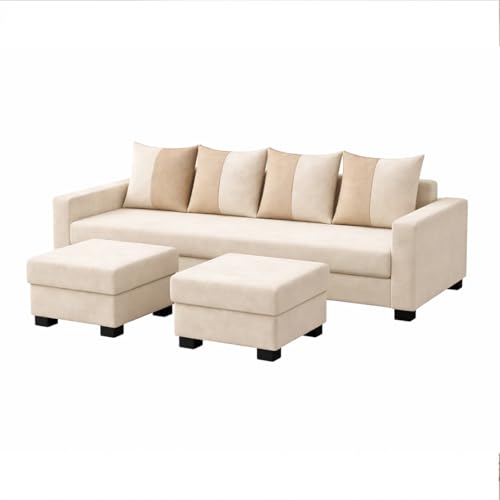 Image of SOCOZI Braviza 6 Seater L Shape Sofa Set with 2 Movable Ottomans | Flexible Layout | Soft Velvet Suede Fabric | Modern Design | Plush Comfort Cushions for Living Room (Beige-Cream)