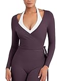 YEOREO Women Pilates Wrap Top Long Sleeve Tie Ballet Workout Yoga Shirt Michelie Y2K V Neck Cropped Tops BlackBerry Purple XL