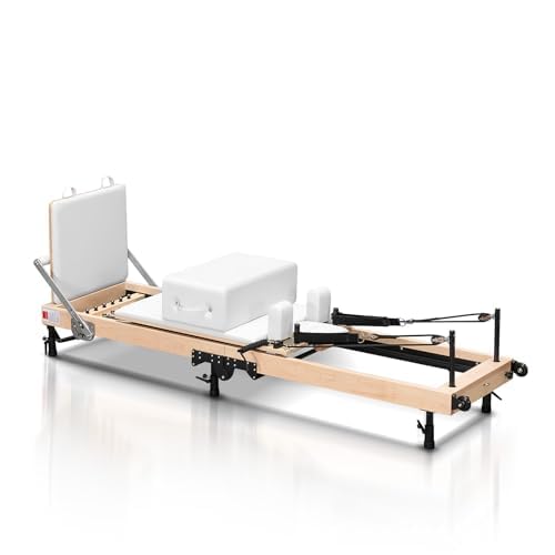 Foverós Pilates Reformer,Wood Foldable Pilates Machine & Equipment with Reformer Accessories,Reformer Box,Jump Board,Foot Strap (White-1)